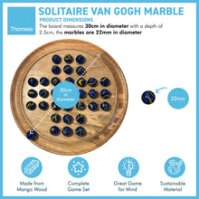 Load image into Gallery viewer, 30cm Diameter WOODEN SOLITAIRE BOARD GAME with VAN GOGH GLASS MARBLES | classic wooden solitaire game | strategy board game | family board game | games for one | board games
