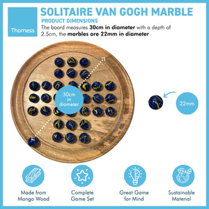 30cm Diameter WOODEN SOLITAIRE BOARD GAME with VAN GOGH GLASS MARBLES | classic wooden solitaire game | strategy board game | family board game | games for one | board games