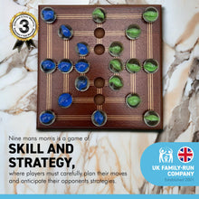 Load image into Gallery viewer, Nine Mans Morris marble game with wooden board | Quirky strategy solitaire marble game | includes 20 glass marbles and wooden board | 14cm x 14cm | Mill Game | Traditional wooden game
