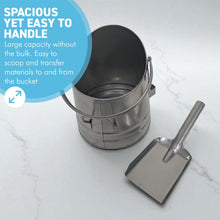 Load image into Gallery viewer, 𝗪𝗔𝗧𝗘𝗥𝗟𝗢𝗢 𝗦𝗧𝗬𝗟𝗘 𝗦𝗜𝗟𝗩𝗘𝗥 𝗙𝗜𝗡𝗜𝗦𝗛 𝗖𝗢𝗔𝗟 &amp; 𝗔𝗦𝗛 𝗕𝗨𝗖𝗞𝗘𝗧 𝗪𝗜𝗧𝗛 𝗦𝗛𝗢𝗩𝗘𝗟 | H29cm x W22cm x D25cm | Heat-Resistant Metal Bucket for Fireplace | Log Burner or Stove | 𝗙𝗜𝗥𝗘𝗦𝗜𝗗𝗘 Accessory for Ash, Coal &amp; Log Storage
