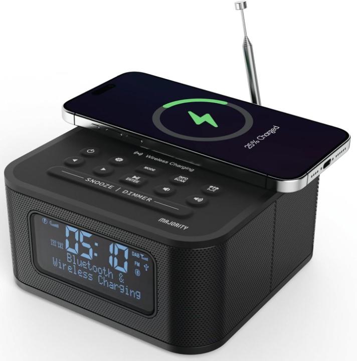 MAJORITY Knapton | Bedside Clock Radio with Bluetooth | 15W Wireless Charging & USB Charging Port | DAB+ and FM | Loud Dual Alarm, Sleep & Snooze Function | Large Dimmable Backlit LCD Display