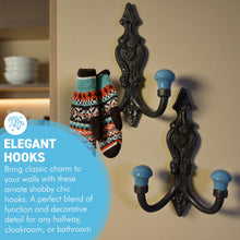 Load image into Gallery viewer, Set of 2 𝗙𝗥𝗘𝗡𝗖𝗛 𝗦𝗧𝗬𝗟𝗘 𝗖𝗔𝗦𝗧 𝗜𝗥𝗢𝗡 𝗗𝗢𝗨𝗕𝗟𝗘 𝗛𝗢𝗢𝗞𝗦 – Duck Egg Blue Ceramic Tops, Wall Coat Hooks for Hallway, Cloakroom, Bedroom
