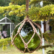 Load image into Gallery viewer, DEEP GREEN GLASS FISHING FLOAT ORNAMENTAL SEA BUOY | hand blown | nautical seafaring fishing rustic décor | 10cm diameter | with rustic brown string netting and hanging loop
