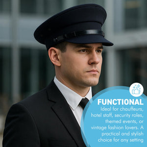 Size 56cm | Small Black Chauffeur Style Peaked Cap | Traditional style ideal for weddings, school proms and special events| Driving Cap | UK size 6 7/8 | US size 7