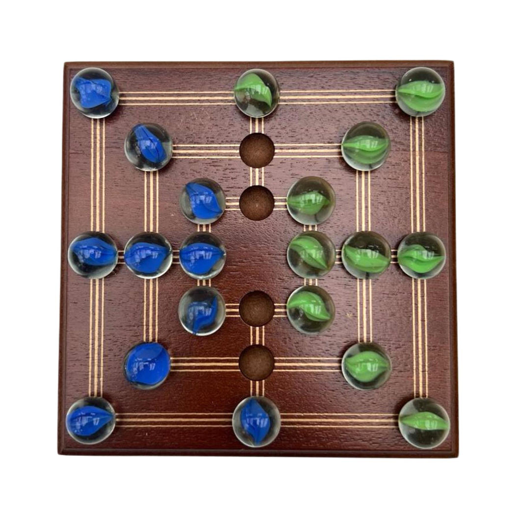 Nine Mans Morris marble game with wooden board | Quirky strategy solitaire marble game | includes 20 glass marbles and wooden board | 14cm x 14cm | Mill Game | Traditional wooden game