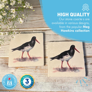 2 x OYSTER CATCHER STONE COASTERS | Stone Coasters | Animal novelty gift | Coaster for glass, mugs and cups| Square coaster for drinks | Beach gift | Meg Hawkins art | 10cm x 10cm