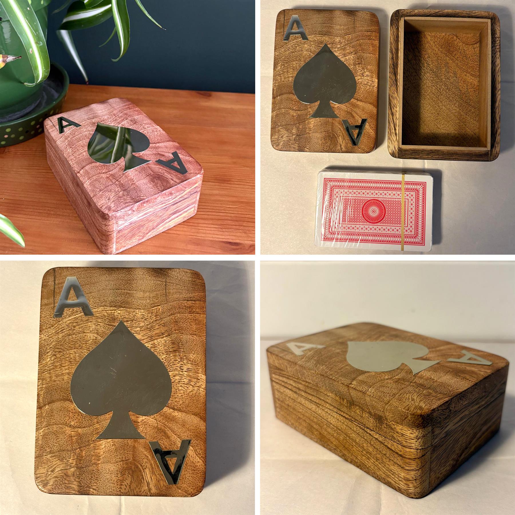 Spades Box Handcrafted 𝗪𝗢𝗢𝗗𝗘𝗡 𝗣𝗟𝗔𝗬𝗜𝗡𝗚 𝗖𝗔𝗥𝗗 𝗕𝗢𝗫 with Silver Ace of Spades Inlay ...