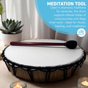 Large 40cm Shamanic Synthetic Skin Drum with wooden beater, Vegan Percussion Drum
