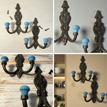 Load image into Gallery viewer, Set of 2 𝗙𝗥𝗘𝗡𝗖𝗛 𝗦𝗧𝗬𝗟𝗘 𝗖𝗔𝗦𝗧 𝗜𝗥𝗢𝗡 𝗗𝗢𝗨𝗕𝗟𝗘 𝗛𝗢𝗢𝗞𝗦 – Duck Egg Blue Ceramic Tops, Wall Coat Hooks for Hallway, Cloakroom, Bedroom
