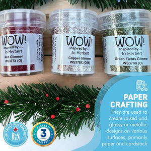 3 x Wow! Embossing Powders 15ml | RED GLIMMER, COPPER GLIMMER & GREEN FIELDS regular| Free your creativity and give your embossing sparkle