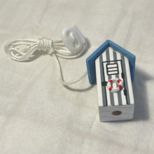 Load image into Gallery viewer, Light Blue and white beach hut light pull | Nautical Theme Wooden Beach Hut Cord Pull Light Pulls
