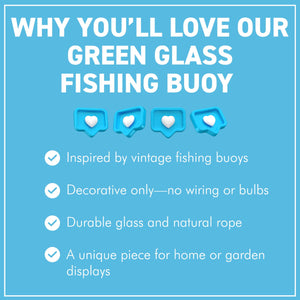 DEEP GREEN GLASS FISHING FLOAT ORNAMENTAL SEA BUOY | hand blown | nautical seafaring fishing rustic décor | 10cm diameter | with rustic brown string netting and hanging loop