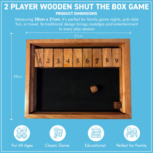 𝟮 𝗣𝗟𝗔𝗬𝗘𝗥 𝗪𝗢𝗢𝗗𝗘𝗡 𝗦𝗛𝗨𝗧 𝗧𝗛𝗘 𝗕𝗢𝗫 𝗗𝗜𝗖𝗘 𝗚𝗔𝗠𝗘 28 x 21cm Family Tabletop Game Travel Game