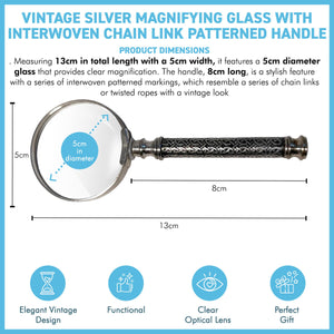 Vintage Silver Handheld Magnifier, Magnifying Glass with decorative chain link handle