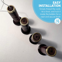 Load image into Gallery viewer, SET OF FOUR ANTIQUE BOBBIN LIGHT PULLS,  upcycled from genuine antique bobbins, vintage bathroom ceiling light switch &amp; pull cord, unique piece of history for your bathroom
