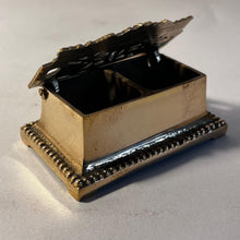 Load image into Gallery viewer, Antique style brass sunflower postage stamp holder and inkwell – polished brass desk organizer and storage
