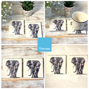 2 x ELEPHANT STONE COASTERS | Stone Coasters | Animal novelty gift | Coaster for glass, mugs and cups| Square coaster for drinks | Elephant gift | Meg Hawkins art | 10cm x 10cm