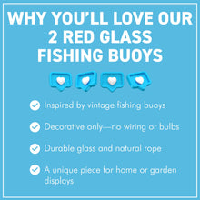 Load image into Gallery viewer, TWO DEEP RED GLASS FISHING FLOAT ORNAMENTAL SEA BUOY | hand blown | nautical seafaring fishing rustic décor | 10cm diameter | with rustic brown string netting and hanging loop | Japanese style glass fishing floats
