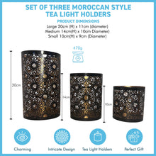 Load image into Gallery viewer, Set of 3 Moroccan-Style Round Tea Light Holders, Arabic Design, Black &amp; Gold Metal Finish - Perfect for Home Decor
