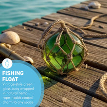 Load image into Gallery viewer, DEEP GREEN GLASS FISHING FLOAT ORNAMENTAL SEA BUOY | hand blown | nautical seafaring fishing rustic décor | 10cm diameter | with rustic brown string netting and hanging loop

