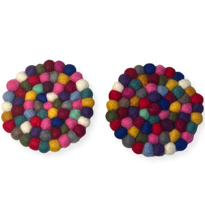 Pair of Handmade Rainbow Wool Felt Ball Mat | Colorful Coaster Trivets | Home Decor Table Mat