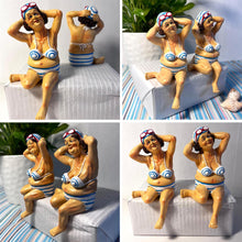 Load image into Gallery viewer, 2 Retro Style Fat Bathing Ladies in Blue Striped Bikinis, Novelty Bathroom Figurines
