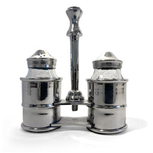 Load image into Gallery viewer, Salt &amp; Pepper Shaker Set, Nickel Plated Glass Pots in a stylish caddy
