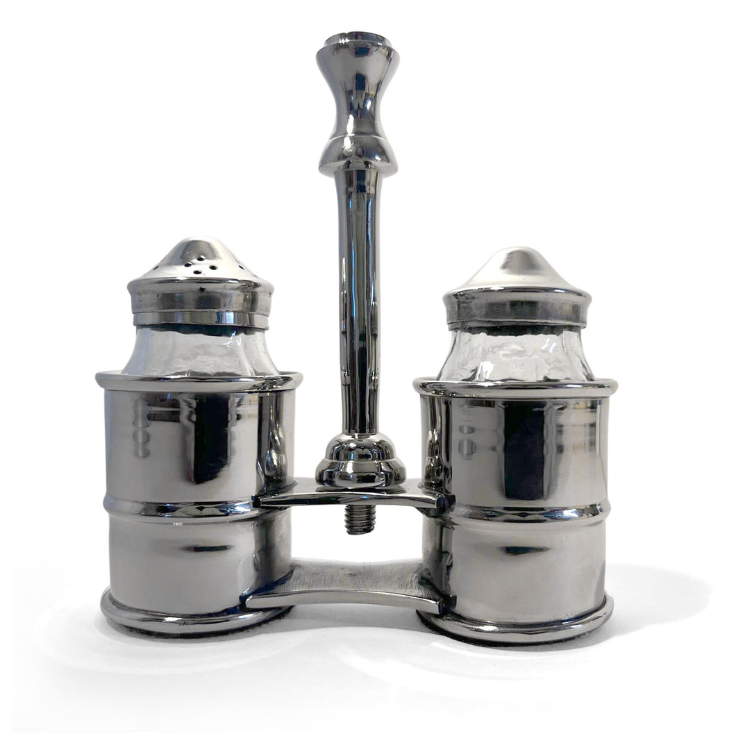 Salt & Pepper Shaker Set, Nickel Plated Glass Pots in a stylish caddy