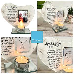 SPECIAL MUM and DAD GLASS MEMORIAL CANDLE HOLDER AND PHOTO FRAME | thinking of you gifts | memorial photo frame  | in loving memory | memory plaque