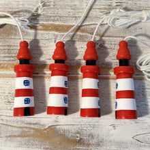 Load image into Gallery viewer, Set of 4 Red and white Lighthouse light pulls | Nautical Theme Wooden Lighthouse Cord Pull Light Pulls
