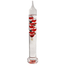 Load image into Gallery viewer, 30cm Tall Free Standing Galileo Thermometer with seven red floating globes | measures temperatures from 16 degrees Centigrade to 28 degrees | also in Fahrenheit | Weather station | Water Thermometer
