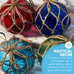 Set of 4 Glass Fishing Buoys Tiki Bar Lights with LED Lights, Nautical-Style Ornaments for Home Decor