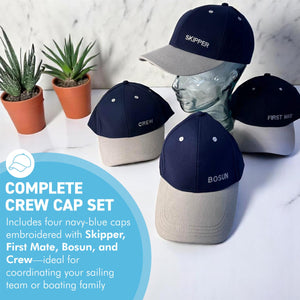 Set of 4 Adjustable Navy-Blue Baseball Caps, Skipper, First Mate, Bosun and Crew, Nautical Boating Hats for Sailing, Yachting & Team Uniform