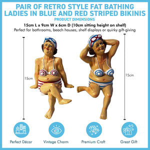 2 Retro Style Fat Bathing Ladies in Striped Bikinis, Novelty Bathroom Figurines