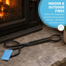 Load image into Gallery viewer, Black Heavy Duty Cast Iron Fire Place Log Tongs for Indoor Fire / Fire Pits Accessories / Tongs for Outdoor Stove / Long Logs Tweezers/ Firewood Tongs / Campfire Tongs
