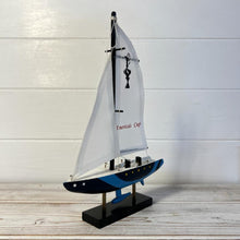 Load image into Gallery viewer, AMERICAS CUP MODEL YACHT BLUE HULL | Sailing | Yacht | Boats | Models | Nautical Gift | Sailing Ornaments | Yacht on Stand
