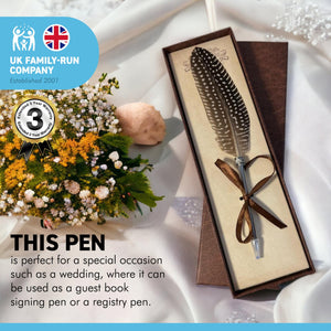 STRIPED, BROWN FEATHERED BALL POINT PEN | Feather Pen | Special Pen | Wizards Pen | Guest Book Pen | Wedding Pen