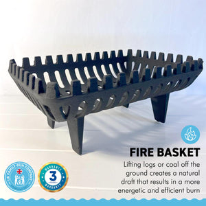 FREESTANDING 16 INCH CAST IRON FIRE BASKET | Solid Fuel Wood Log Coal |  for open fireplaces | Large Cast Iron Sturdy Fireplace Accessory | Suitable for indoor or outdoor use