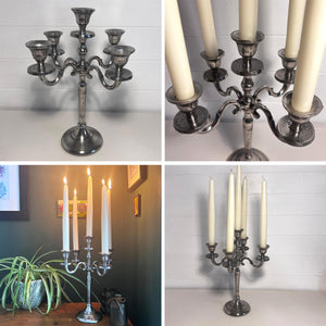 Elegant 5-Arm Silver Candelabra, 30cm – Distressed Nickel Finish Metal Candle Holder for Table Decor, Weddings & Events