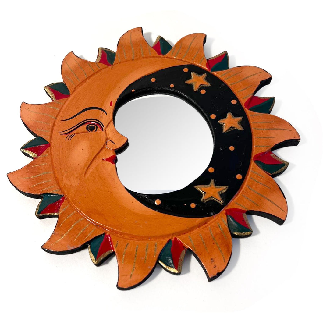 Wooden Sun and Moon Decorative Mirror | Stylish Wall Hanging for Home Decor
