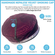 Load image into Gallery viewer, Size 61cm, X Large, Handmade Nepalese deep purple velvet Smoking Cap with traditional Tibetan design, lightweight, stylish design
