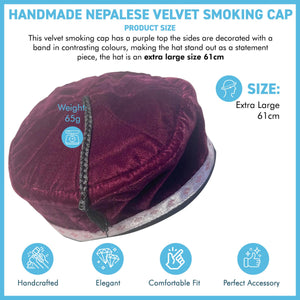 Size 61cm, X Large, Handmade Nepalese deep purple velvet Smoking Cap with traditional Tibetan design, lightweight, stylish design