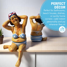 Load image into Gallery viewer, 2 Retro Style Fat Bathing Ladies in Blue Striped Bikinis, Novelty Bathroom Figurines
