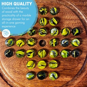 Wooden Solitaire with Drawer for Traditonal Yellow Marbles | Travel Games | Strategic & Traditional Games | Perfect for Adults & Family Fun