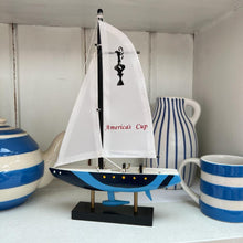 Load image into Gallery viewer, AMERICAS CUP MODEL YACHT BLUE HULL | Sailing | Yacht | Boats | Models | Nautical Gift | Sailing Ornaments | Yacht on Stand
