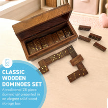 Load image into Gallery viewer, Solid Wood Dominoes Set with Brass Inlay Storage Box - 28 Tiles with Brass Spots and a Hinged Lid
