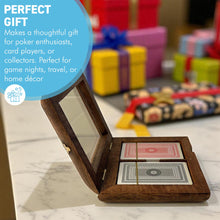 Load image into Gallery viewer, 𝗟𝗨𝗫𝗨𝗥𝗬 𝗪𝗢𝗢𝗗𝗘𝗡 𝗣𝗟𝗔𝗬𝗜𝗡𝗚 𝗖𝗔𝗥𝗗 𝗕𝗢𝗫 – 2 Decks, Brass Inlay, clear hinged lid
