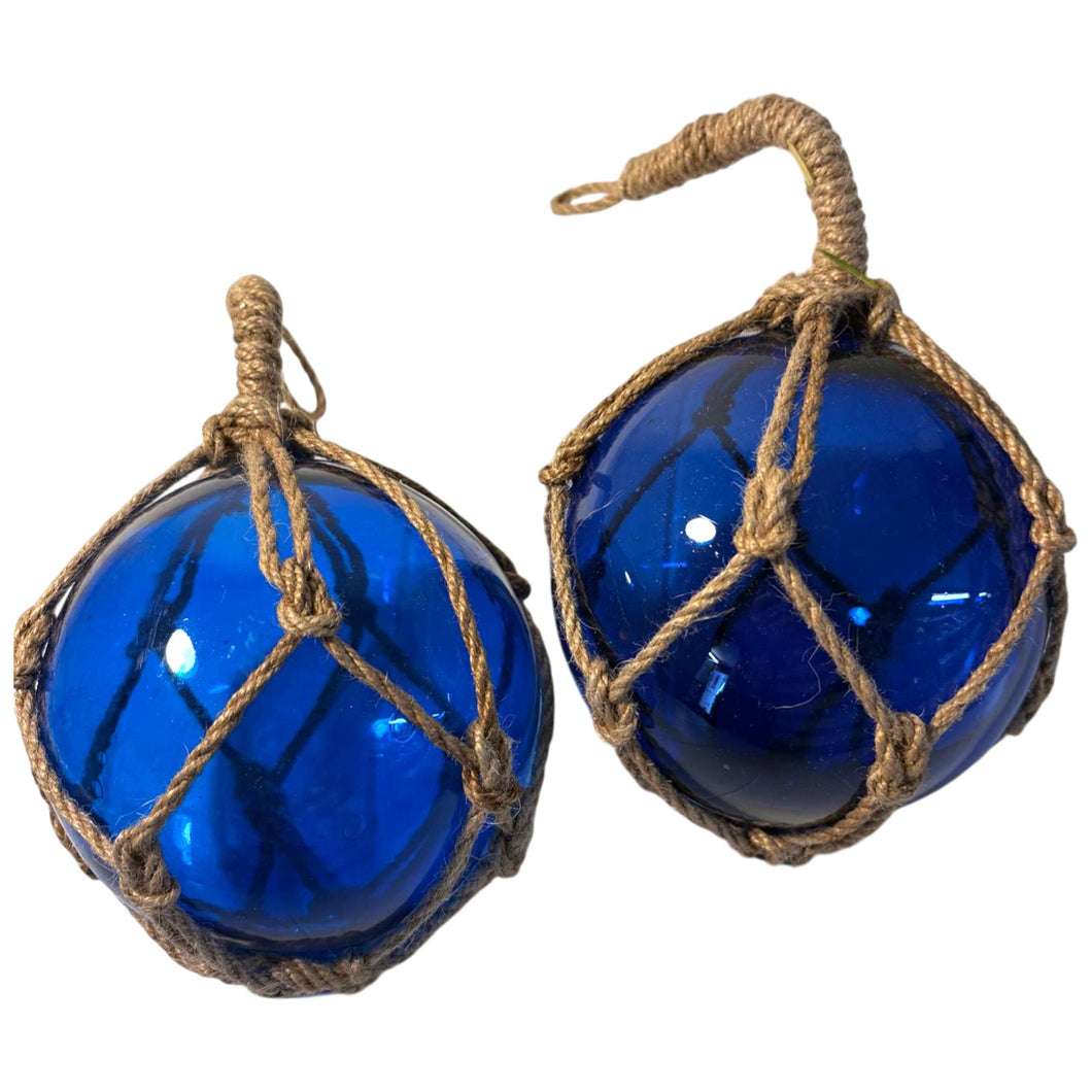TWO DEEP BLUE GLASS FISHING FLOAT ORNAMENTAL SEA BUOY | hand blown | nautical seafaring fishing rustic décor | 10cm diameter | with rustic brown string netting and hanging loop | Japanese style glass fishing floats