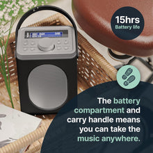 Load image into Gallery viewer, Refurbished Majority Little Shelford Black and Grey Portable DAB+ Radio with Bluetooth | 15 Hour Battery Playback and Mains Powered | Dual Alarm &amp; Snooze Function | 20+ Presets, LED Display, FM, Headphone Jack
