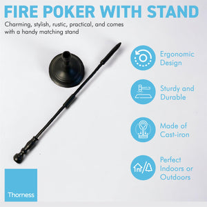 Traditional HAND FORGED CAST IRON FIRE POKER with STAND | 50cm long | poker for fire | fireplace poker |poker for wood burner | coal fire poker | fire poker set